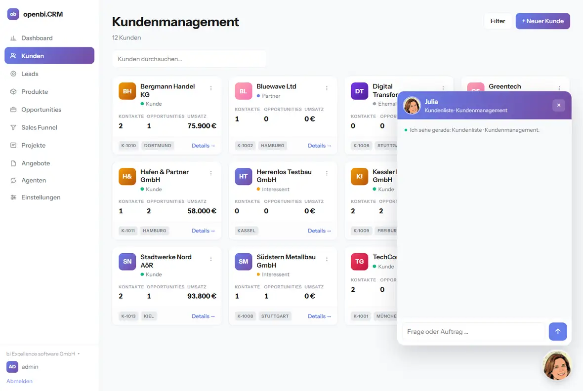Die Kundenliste des CRM mit geöffnetem Julia-Fenster, das anzeigt: Ich sehe gerade Kundenliste, Kundenmanagement
