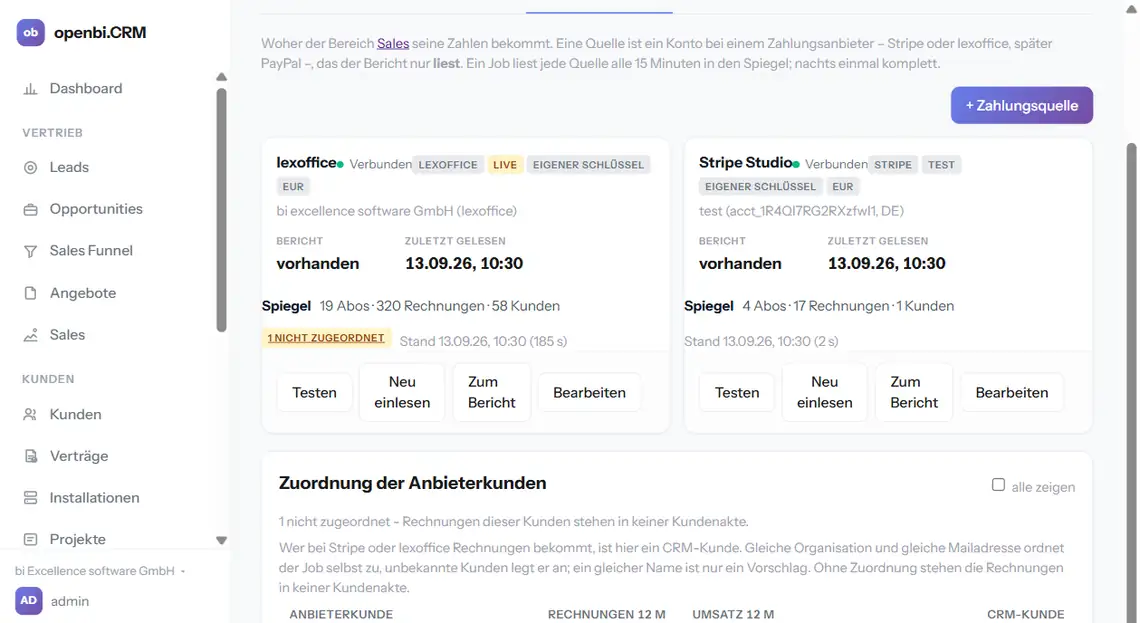 Die Zahlungsquellen mit dem Stand des Spiegels je Quelle und der Zuordnung der Anbieterkunden.