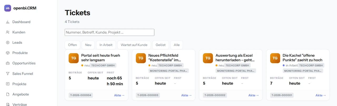 Die Ticketliste im CRM mit Kunde, Projekt, Anzahl der Beiträge und Restfrist.