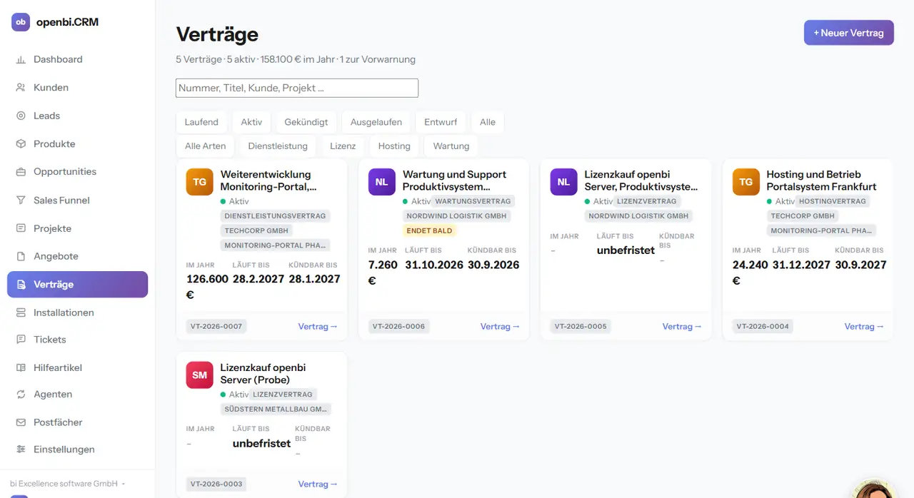 Die Vertragsliste im CRM mit Jahreswert, Laufzeitende und Kündigungstermin je Vertrag.