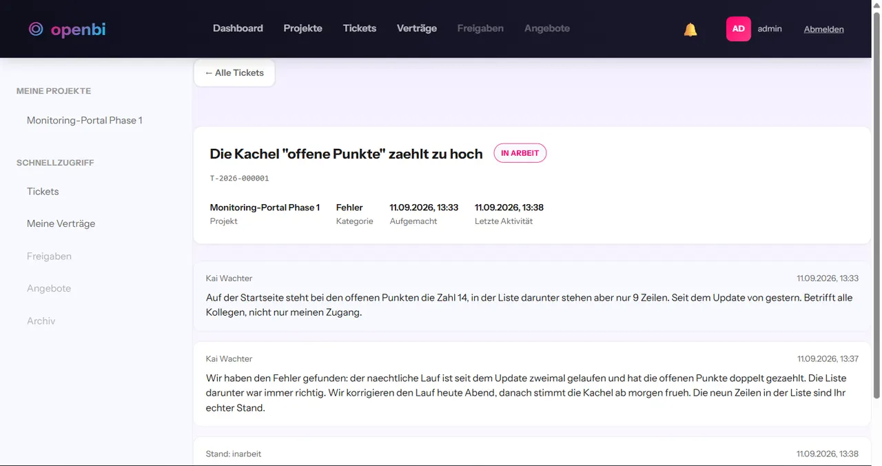 Dasselbe Ticket im Kundenportal: nur die für den Kunden bestimmten Beiträge.