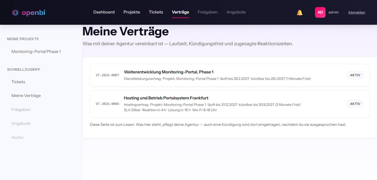 Die Vertragsübersicht im Kundenportal mit Laufzeit, Kündigungstermin und SLA, ohne Preise.