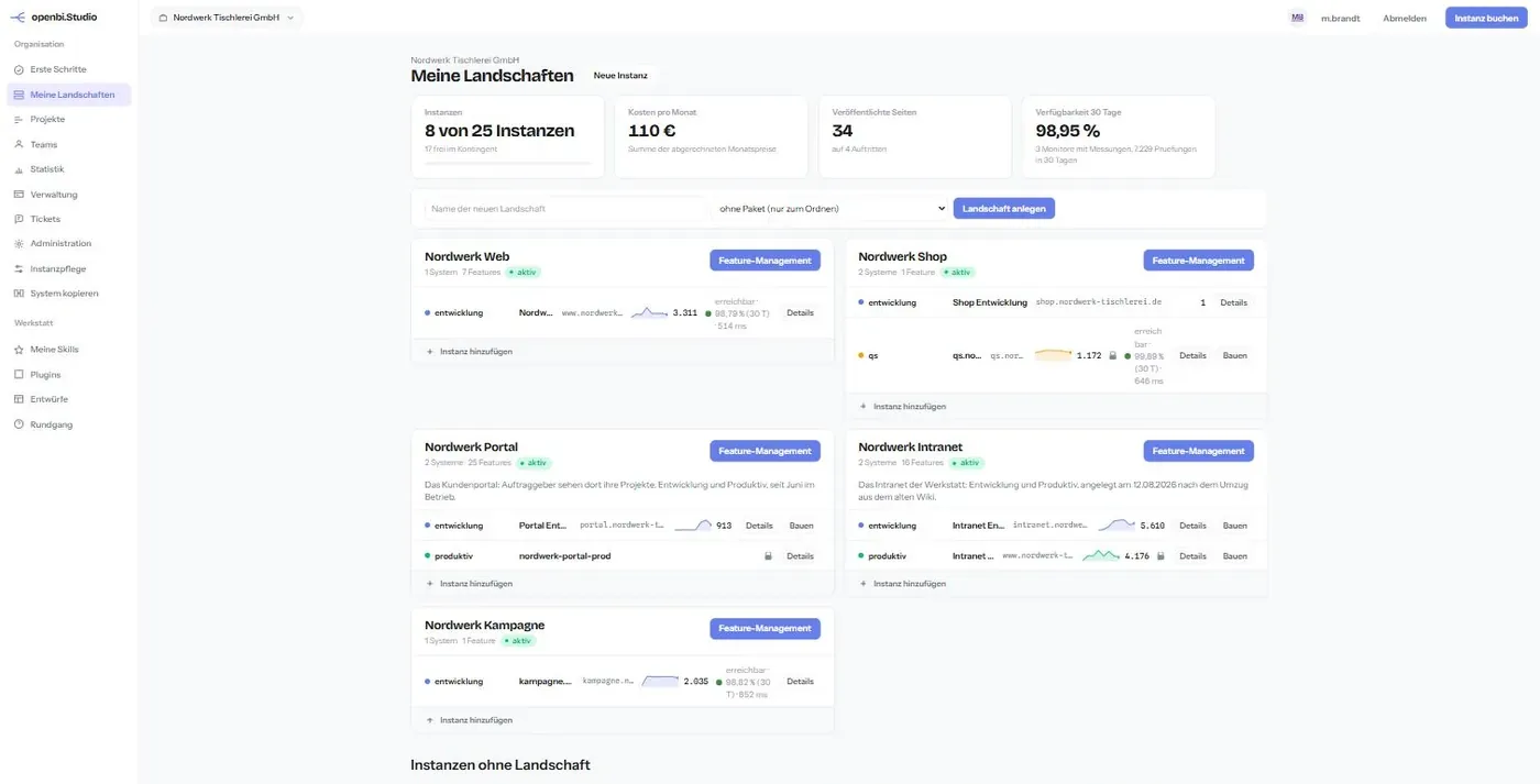 Das Dashboard einer Organisation: Landschaften mit ihren Stufen, Kosten je Monat und der Knopf „Landschaft anlegen
