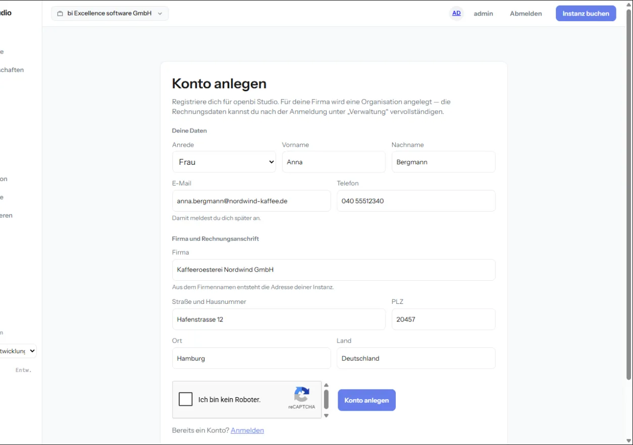Das ausgefüllte Formular Konto anlegen mit Anna Bergmann, Kaffeerösterei Nordwind GmbH, Hafenstraße 12, 20457 Hamburg