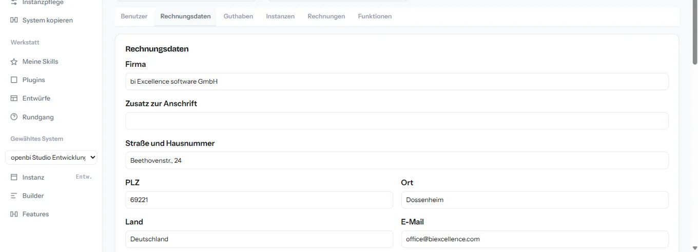 Der Reiter Rechnungsdaten in der Verwaltung mit Firma, Anschrift und E-Mail