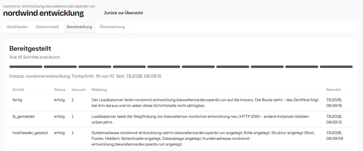 Der Reiter Bereitstellung mit der Meldung Bereitgestellt, dem Fortschritt 10 von 10 und der Tabelle aus Schritt, Status, Versuch, Meldung und Beendet