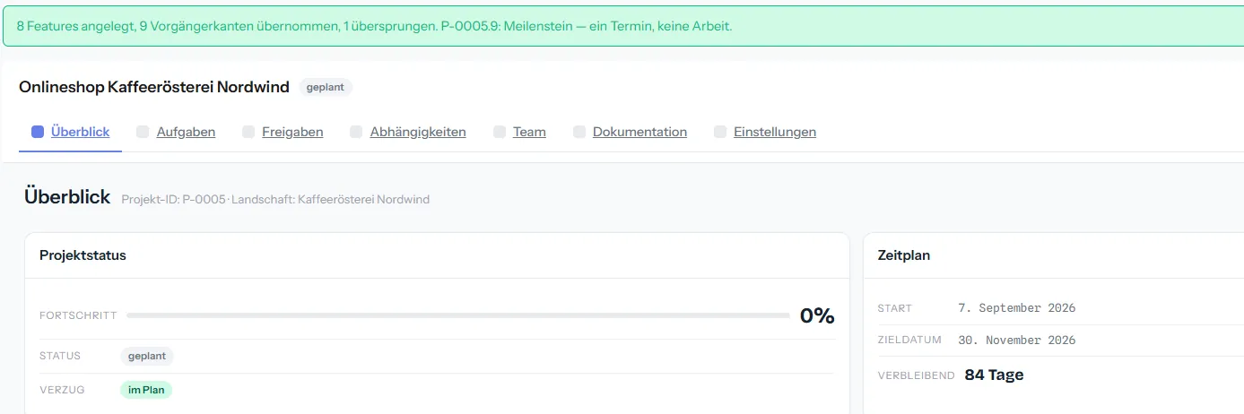 Die Meldung 8 Features angelegt, 9 Vorgängerkanten übernommen, 1 übersprungen über der Projektübersicht