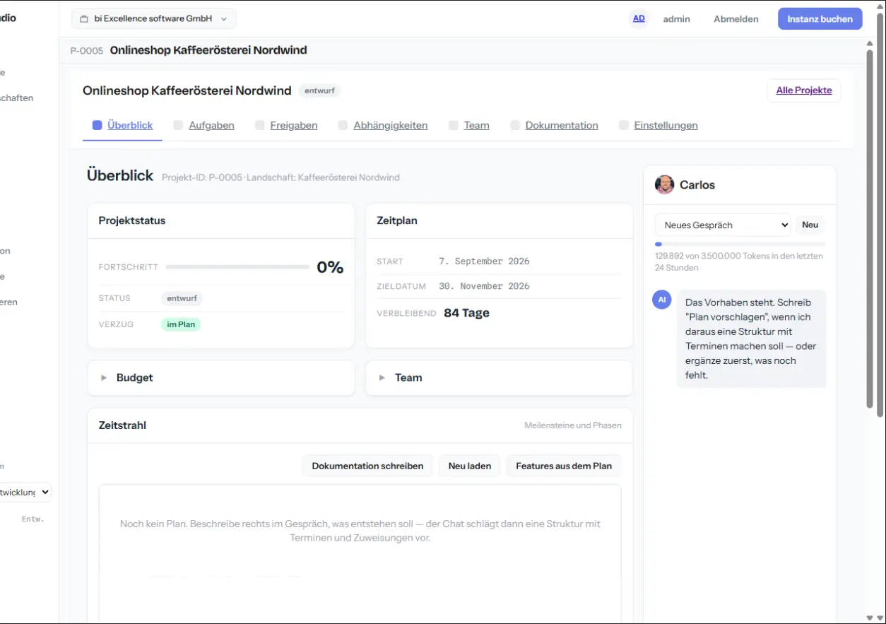 Die Überblicksseite des Projekts mit Fortschritt 0 Prozent, Status entwurf, 84 verbleibenden Tagen und dem Chat rechts