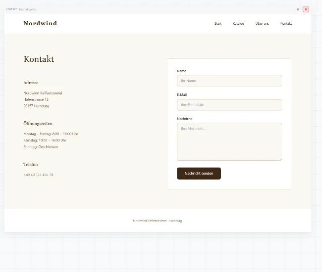 Das Artboard Kontaktseite mit Adresse, Öffnungszeiten, Telefon und einem Formular mit Name, E-Mail und Nachricht