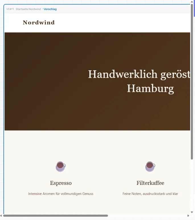 Das Artboard Startseite Nordwind mit dunklem Aufmacher, der Überschrift Handwerklich geröstet in Hamburg und den drei Kacheln Espresso, Filterkaffee, Zubehör