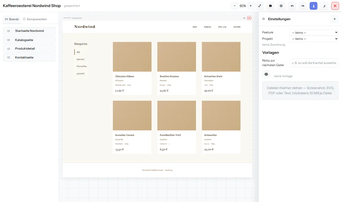 Das Einstellungsfeld der Design-Werkstatt mit den Auswahlfeldern Feature und Projekt neben dem Artboard Katalogseite