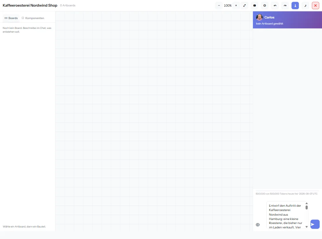 Die leere Design-Werkstatt mit dem Rasterhintergrund, der Boards-Spalte links und dem eingetippten Auftrag im Chat rechts