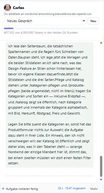 Die Antwort des Assistenten, dass Pflegeseiten und Katalog stehen, mit dem Hinweis auf den öffentlichen Katalog
