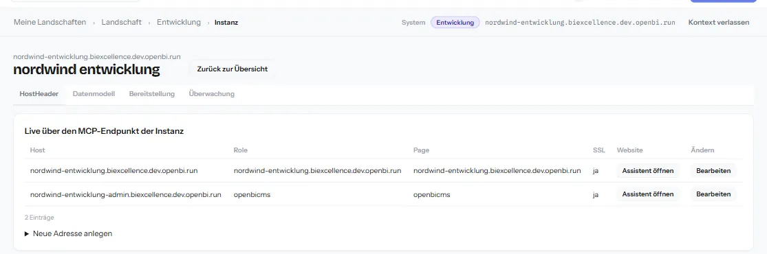 Der Reiter HostHeader der Instanz mit zwei Einträgen, Spalten für Host, Role, Page, SSL, Website und Ändern