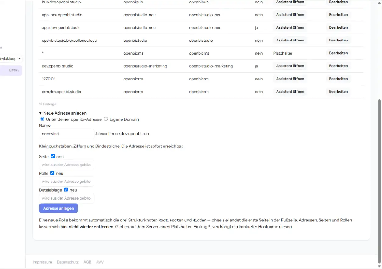 Das Formular Neue Adresse anlegen mit dem eingetippten Namen nordwind, den Kästchen für Seite, Rolle und Dateiablage und der Liste der vorhandenen Adressen