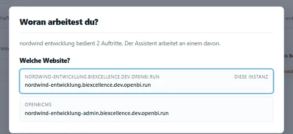 Der Dialog Woran arbeitest du mit der Frage Welche Website und zwei Auftritten zur Auswahl