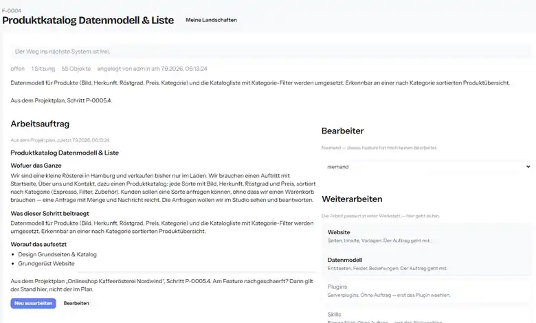 Die Detailseite des Features F-0004 mit Arbeitsauftrag, Bearbeiter, Weiterarbeiten und Status