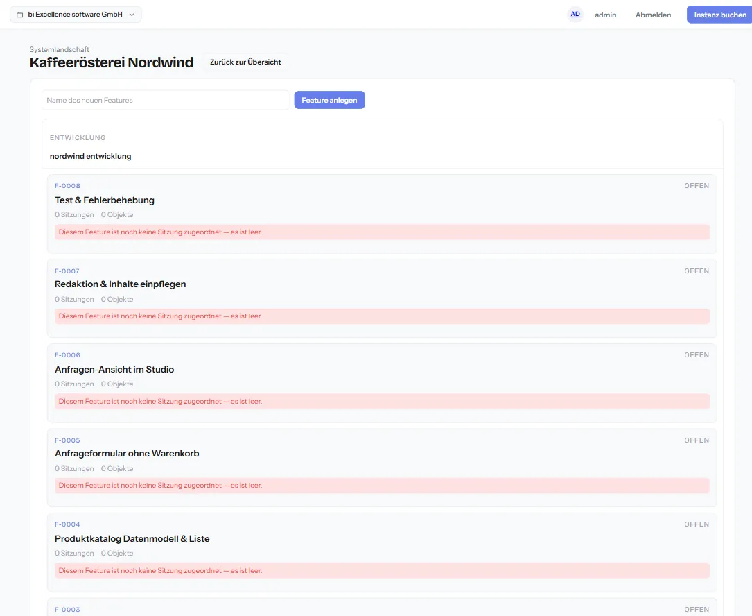 Das Feature-Management der Landschaft mit acht Features, jedes mit Nummer, Titel, Sitzungen und Objekten
