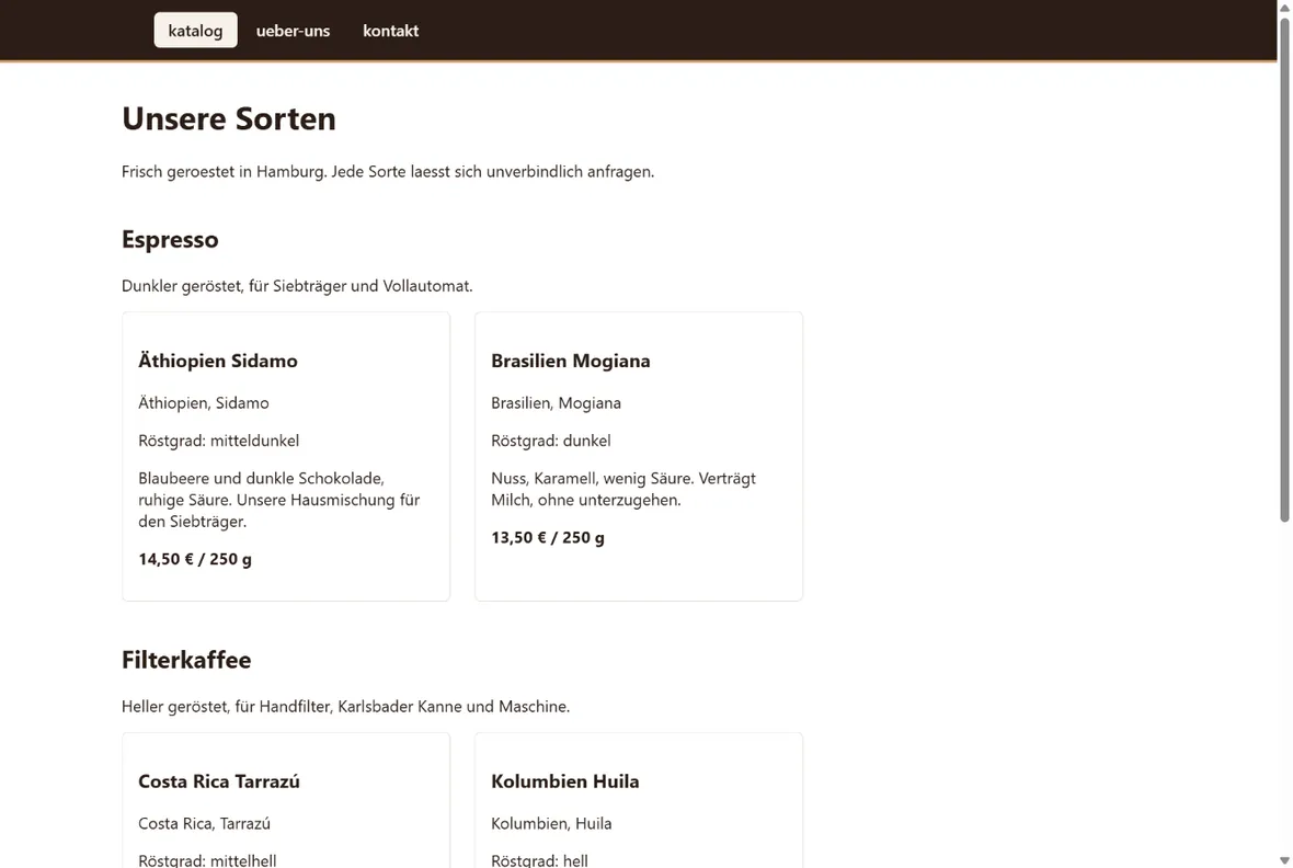 Die fertige Katalogseite der Rösterei Nordwind mit den Kategorien Espresso und Filterkaffee und je zwei Sorten mit Herkunft, Röstgrad, Beschreibung und Preis